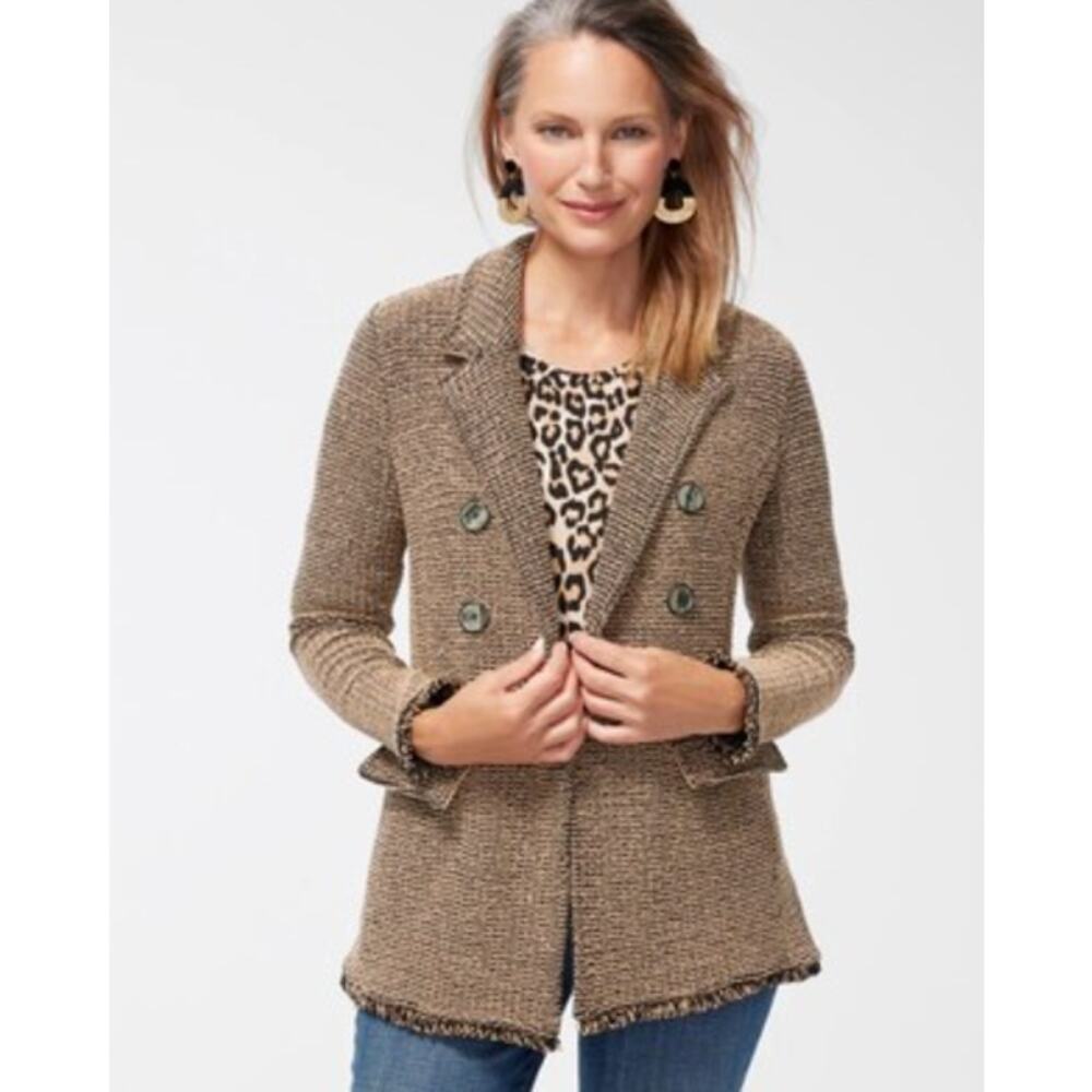 CHICO'S red black preppy cotton double breasted tweed coatigan jacket blazer - Picture 11 of 13